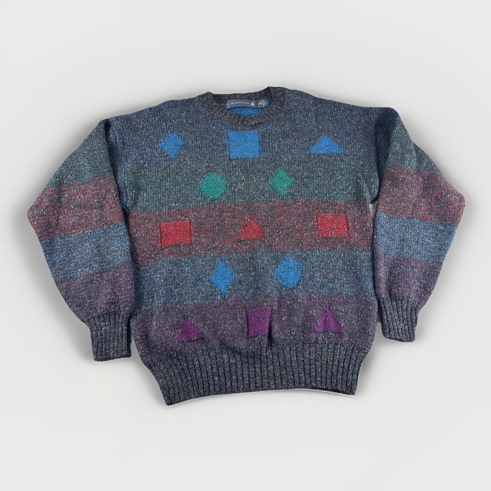 Vintage Crossings Wool Sweater Mens L Made in USA Geometric Shapes Grandpa READ